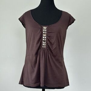Hugo Boss Silk Embellished Top | Espresso Cap Sleeve Blouse Size M